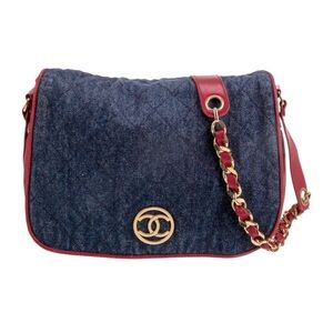 Chanel CC logo denim red leather handbag shoulder bag